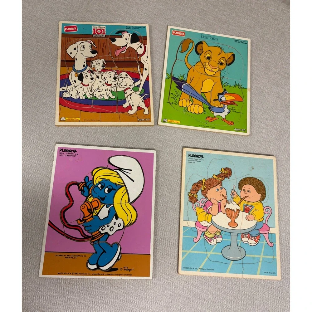 Vintage Playskool Wooden Puzzle Lot Lion King 101 Dalmatians Smurfette CPK